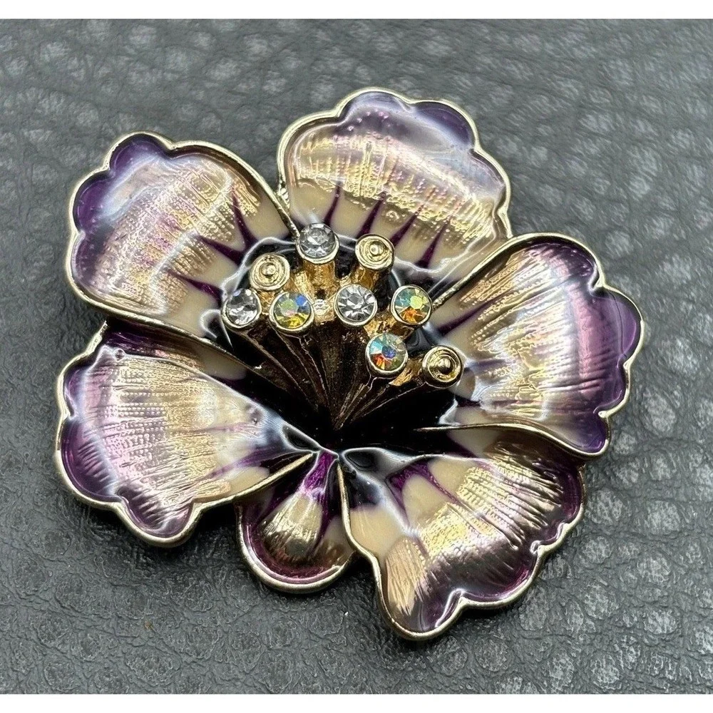 Anne Klein Signed Purple Enamel Pansy Flower Brooch Pin Crystal AB Rhinestone